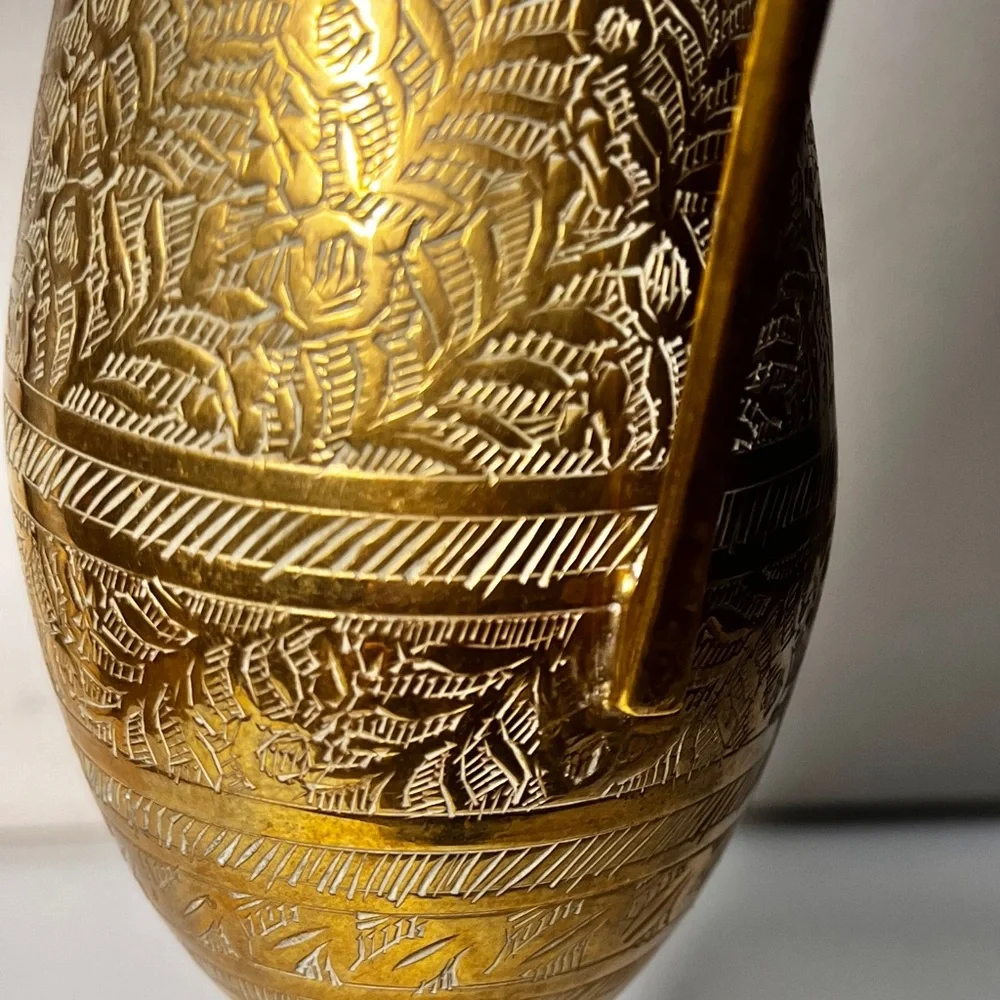 BMI Signed Vintage Etched Solid Brass Pitcher Urn Vase Approximately 12 In Tall